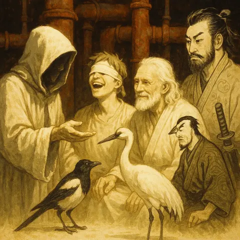 Hooded 18th-century Figure Shows an Unseen Object to a Laughing