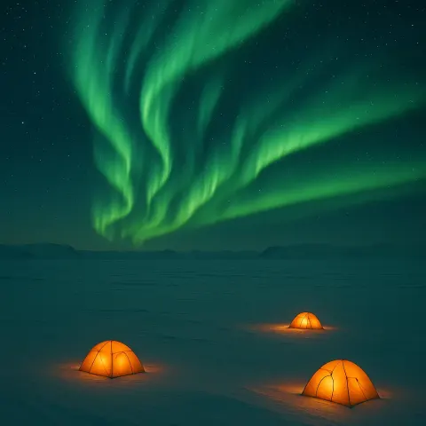 Few Distant Research Tents Glow Faintly Amidst the Immense