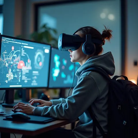 Worried Student Immersed in Holographic Data