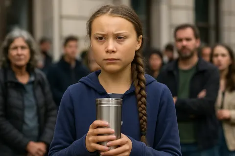 Environmental Activist Greta Thunberg Is Depicted Holding a Stainless Steel