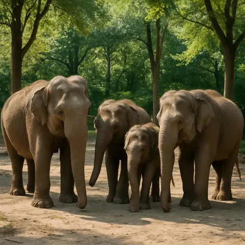 Group of Elephants Standing Outdoors in a Natural Enclosure Surrounded