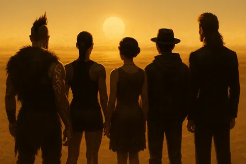 Five Diverse Figures Stand Together
