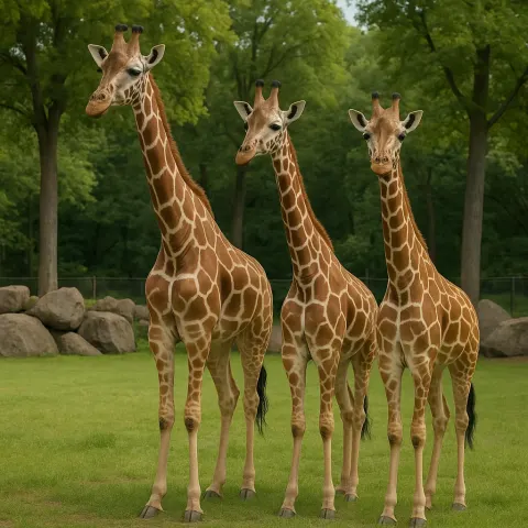 Three Giraffes Standing in a Grassy Zoo Enclosure with Trees