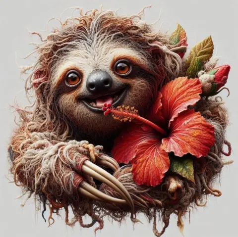 Hyper-Realistic Baby Sloth Eating Hibiscus