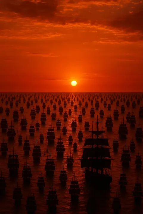 Vast Fleet of Hundreds of Silhouetted Tall Ships Sails Majestically
