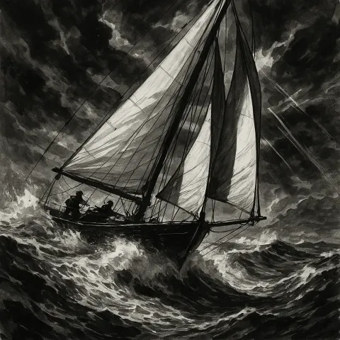 Black-and-white Illustration of an Exhilarating Voyage on the Sea