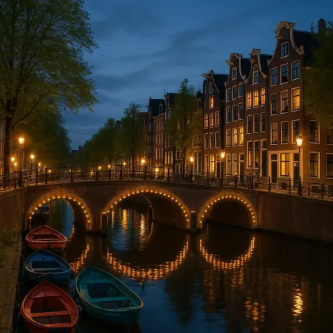 Serene City Canal in Amsterdam Featuring Illuminated Arched Bridges