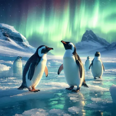 Whimsical Penguins Frolicking Beneath Auroras