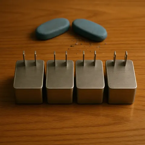 Four Brushed-metal Rectangular Power Converters Are Aligned Neatly
