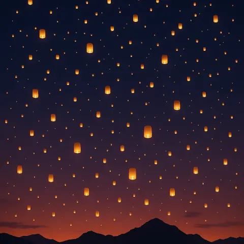 Countless Glowing Lanterns Drift Upwards into the Twilight Sky