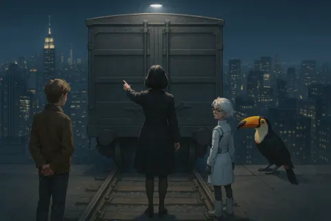Skirted Figure Gestures Towards a Freight Car's Rear