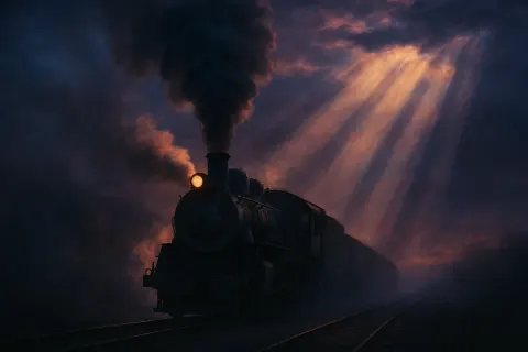 Steam Locomotive under Twilight Crepuscular Rays