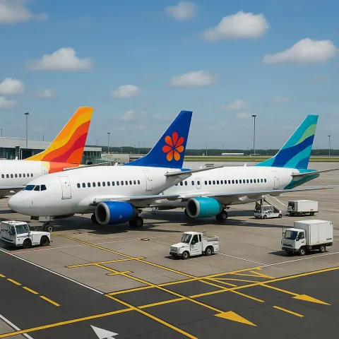 Three Passenger Planes with Distinct Paint Designs Sit