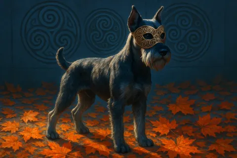 Masked Standard Schnauzer Stands Tall on Vibrant Autumn Leaves