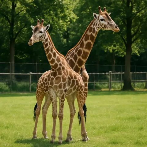 Two Giraffes Standing in a Grassy Zoo Enclosure with Trees