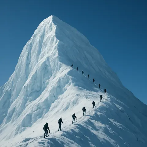 Several Distant Mountaineers Slowly Ascend a Colossal