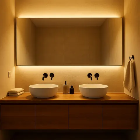 Modern Bathroom with Twin Sinks on a Wooden Countertop