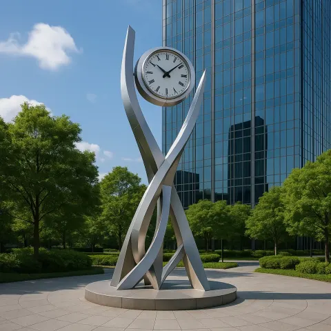 Contemporary Clock Tower Sculpture Situated on a Round Plaza