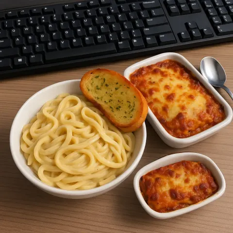Bowl of Creamy Pasta with a Slice of Garlic Bread