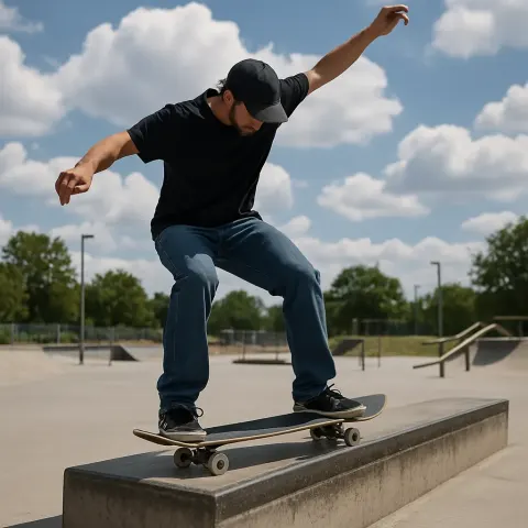 Skateboarder Performing a Grind on a Concrete Ledge
