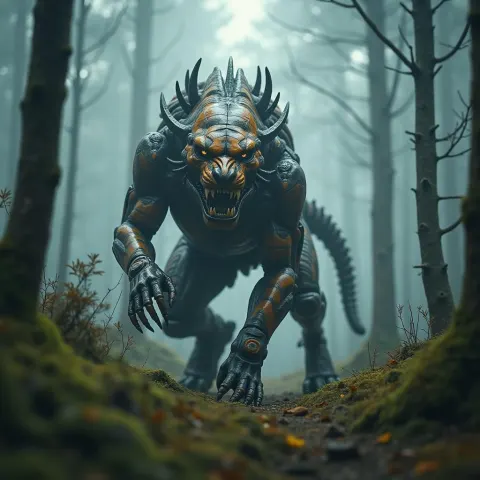 Tigerlike Xenomorph Transformer Stalking Misty Forest