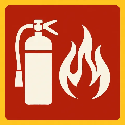 Fire Extinguisher Icon Next to Stylized Flames