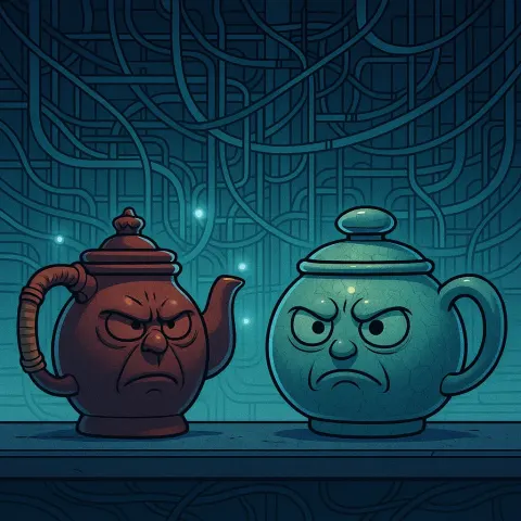 Two Teapots—a Yixing Style Piece Distinguished by its Decorative Sculpted
