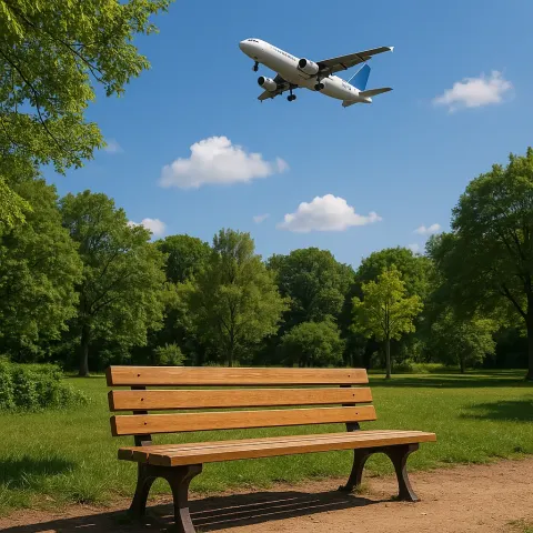 Park Featuring a Wooden Bench and an Airplane