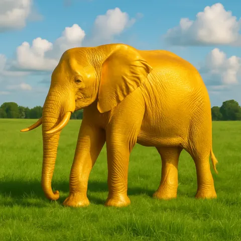 Radiant Golden Elephant Standing Amid a Lush Green Meadow