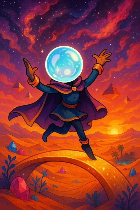 Cartoon-style Figure with a Luminous Crystal Orb for a Head