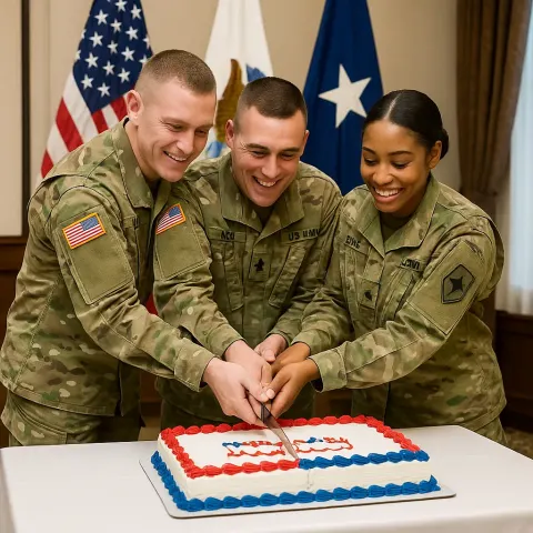 Three Uniformed Soldiers Cutting a Celebratory Cake Together