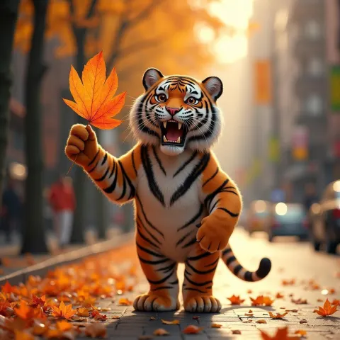 Tiger Waving a Leaf Fan in Autumn