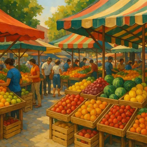 Energetic Open-air Market Showcases Lively Arrangements of Vividly Colored Fruit