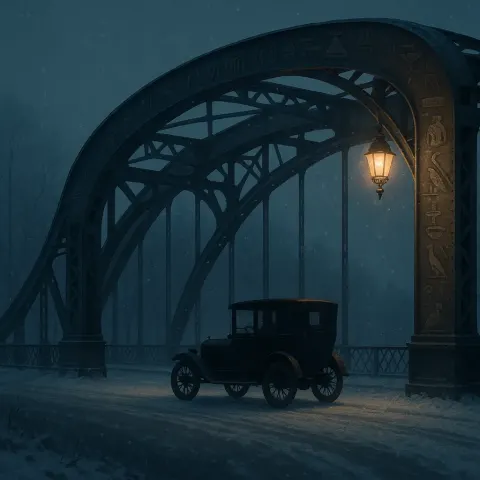 Model T in Profile Crosses a Dramatically Underlit Steel Arch