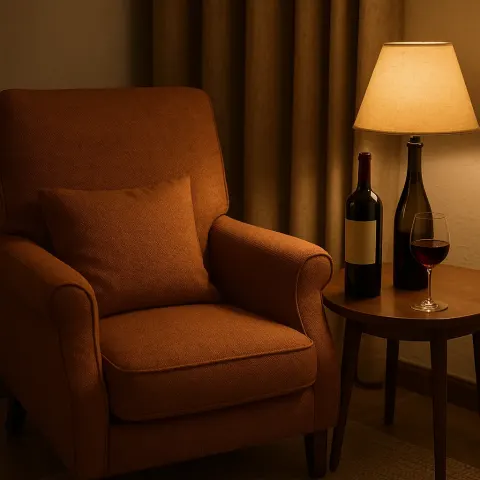 Comfortable Armchair Next to a Table Holding a Wine Bottle