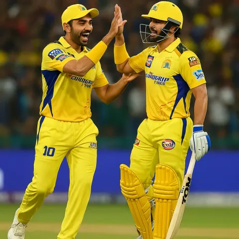 Two Cricket Players in Yellow Chennai Super Kings Uniforms Celebrate