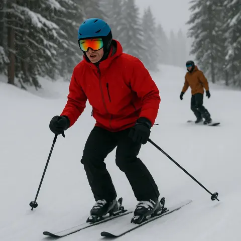 Person Skiing on a Snowy Slope While Another Individual Snowboards