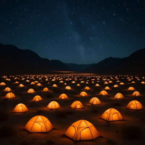 Countless Illuminated Tents Dot a Sprawling Desert Valley at Night