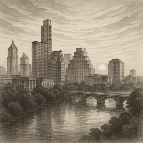 Intricate Grayscale Ink Painting Depicting Downtown Austin