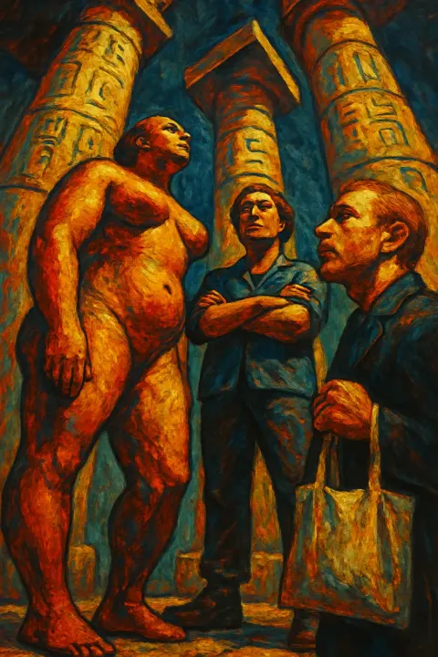 Three Figures Engage in Quiet Conference Beneath Massive Stone Columns