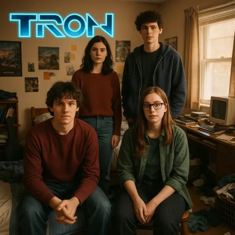 Four Individuals Sitting and Standing in a Cluttered Bedroom