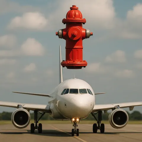 Picture of a Fire Hydrant Hovering Directly over an Airplane