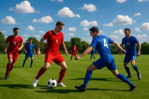 Soccer Match on a Green Field with Players