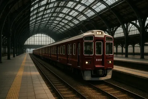 Maroon-colored Train Pulling into the Station