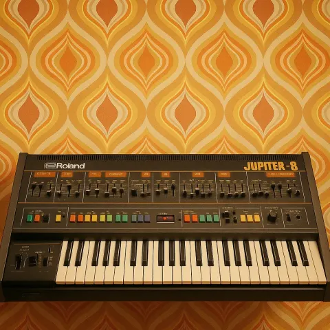 Vintage Roland Jupiter-8 Synthesizer with Colorful Buttons and Sliders