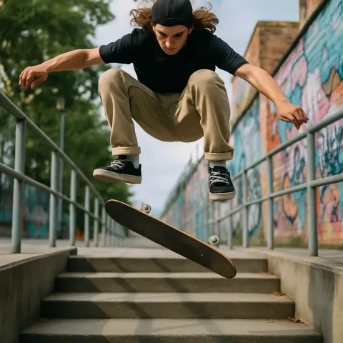 Skilled Young Skateboarder Hangs Momentarily in Mid-air