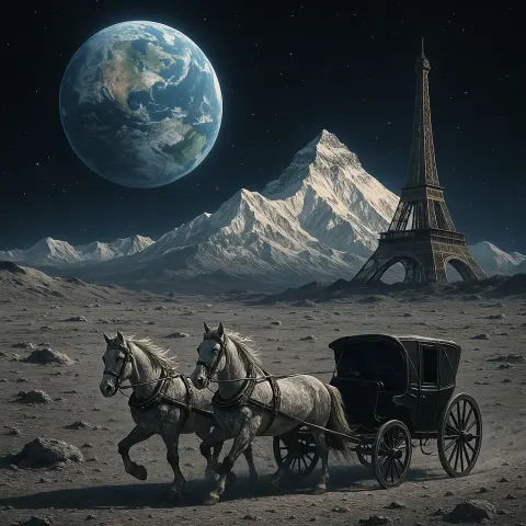 Team of Horses Hauling a Carriage Across the Lunar Terrain