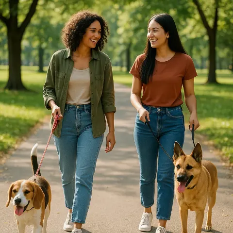 Two Individuals Strolling Through a Park Trail
