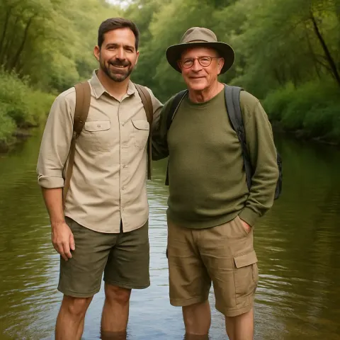 Men Are Positioned in a Tranquil Stream