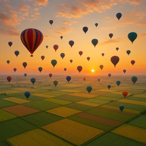 Fleet of Numerous Hot Air Balloons Drifts Serenely